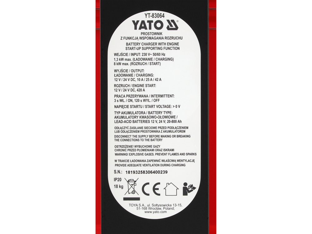 Redresor cu funcție de pornire, 12/24 V, 20–800 Ah — YATO YT-83064 — imagine de produs 7